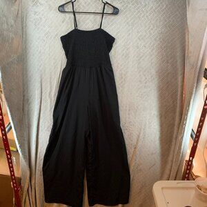 American Rag Womens L Jumpsuit Black Smocked Sleeveless Pockets Lagenlook Boho